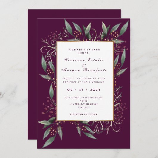 バーガエレガントンドグリーンリーフ金ゴールド結婚ズ 招待状 (正面/裏面)