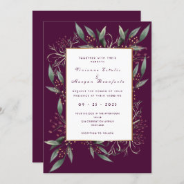 バーガエレガントンドグリーンリーフ金ゴールド結婚ズ 招待状