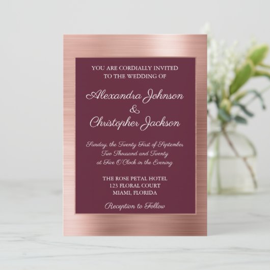 バーガンエレガントディとバラゴールドフォイル結婚ズ 招待状 (スタンド正面)