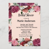 バーガンエレガントディとピンクの花のブライダルシャワー (正面/裏面)