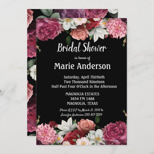 バーガンエレガントディとピンクの花のブライダルシャワー (正面/裏面)