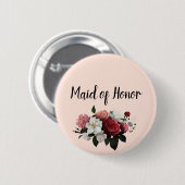 バーガンエレガントディとピンクの花のメイド・オブ・オーナー(花嫁付き添い人) 缶バッジ (正面&裏面)