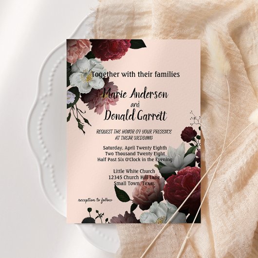 バーガンエレガントディとピンクの花の招待状 招待状