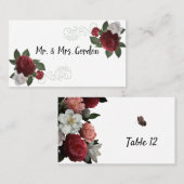 バーガンエレガントディとピンクの花エスコートカード プレイスカード (正面/裏面)