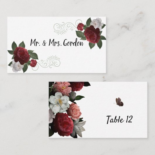 バーガンエレガントディとピンクの花エスコートカード プレイスカード (正面/裏面)