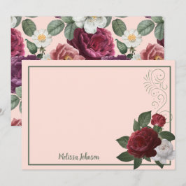 バーガンエレガントディとピンクフローラパーソナライズされた ノートカード