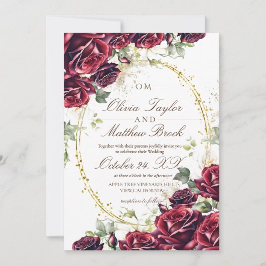 バーガンエレガントディと赤のバラの金ゴールド結婚ズ 招待状 (正面)