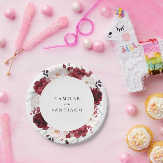 バーガンエレガントディと赤面ピンクフローラ結婚ズ ペーパープレート (パーティー)