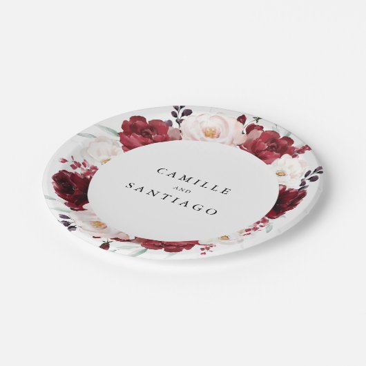 バーガンエレガントディと赤面ピンクフローラ結婚ズ ペーパープレート (アングル)