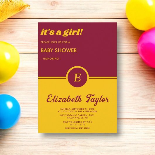 バーガンエレガントディと金ゴールドモノグラム赤ちゃんシャワー 招待状