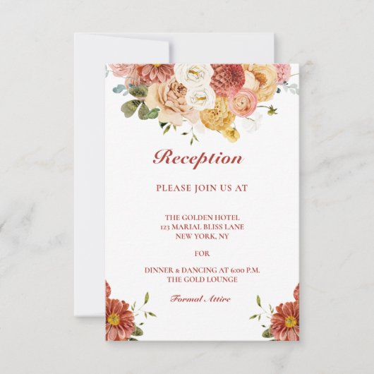 バーガンエレガントディフローラウェディングレセプションカード 招待状 (正面)