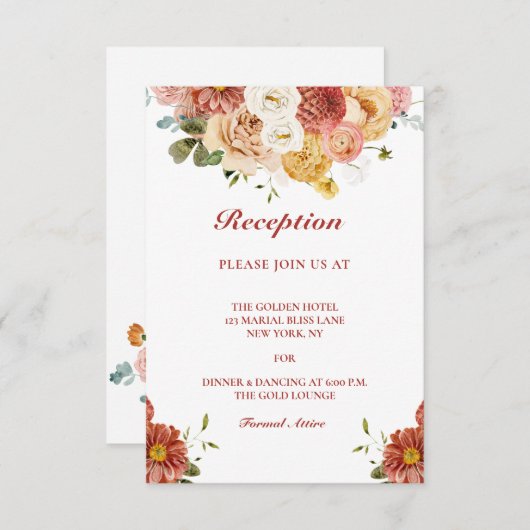 バーガンエレガントディフローラウェディングレセプションカード 招待状 (正面/裏面)