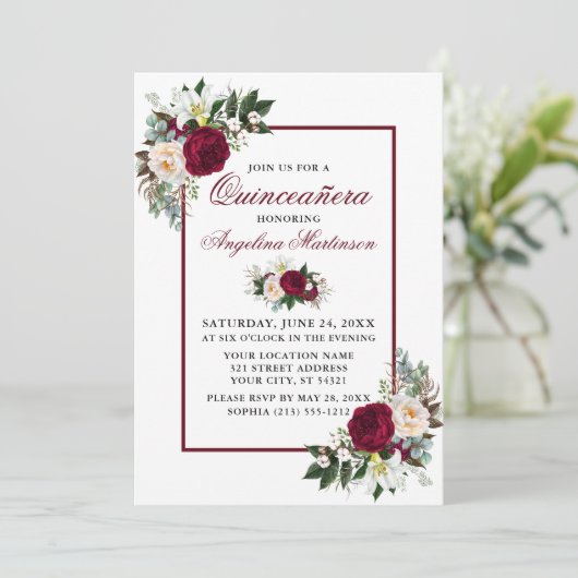 バーガンエレガントディフローラグリーンリーキンセアニェラパーティー 招待状 (スタンド正面)