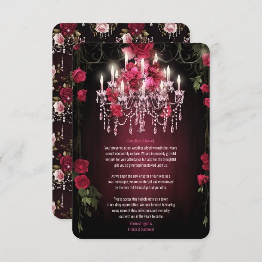 バーガンエレガントディフローラバラシャンデリア結婚ズ サンキューカード (正面/裏面)