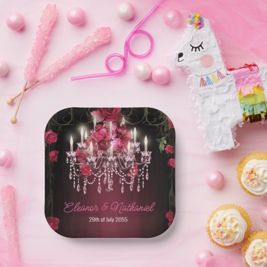 バーガンエレガントディフローラバラシャンデリア結婚ズ ペーパープレート (パーティー)