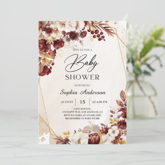 バーガンエレガントディフローラベビーシャワー招待状 招待状 (スタンド正面)