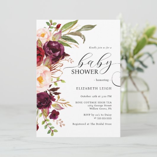 バーガンエレガントディフローラベビーシャワー招待状 招待状 (スタンド正面)