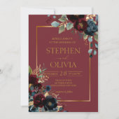 バーガンエレガントディフローラ開花と緑結婚の 招待状 (正面)