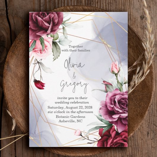 バーガンエレガントディレッドローゼウォーターカラー 招待状