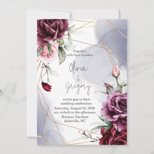 バーガンエレガントディレッドローゼウォーターカラー 招待状 (正面)