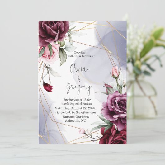 バーガンエレガントディレッドローゼウォーターカラー 招待状 (スタンド正面)