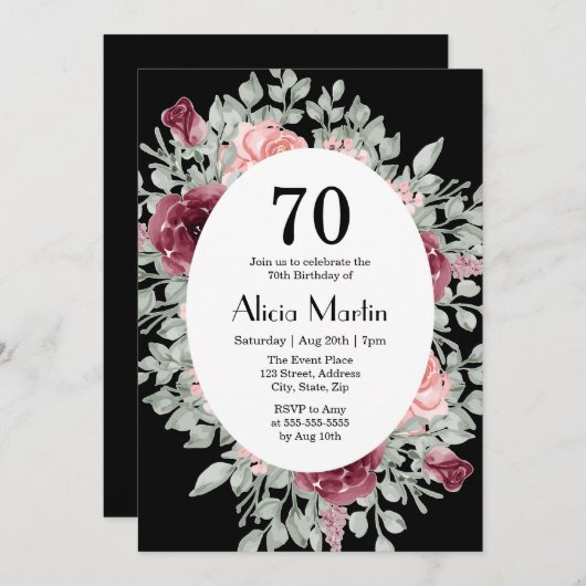 バーガンエレガントディーピンクローズグリーン70誕生日 招待状 (正面/裏面)