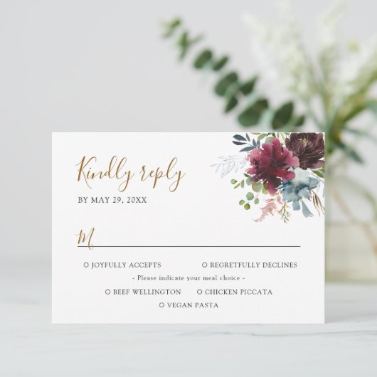 バーガンエレガントディ海軍花模様と食事オプション 出欠カード (スタンド正面)