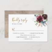 バーガンエレガントディ海軍花模様と食事オプション 出欠カード (正面/裏面)