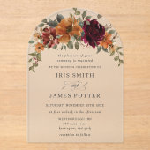 バーガンエレガントディ燃えたオレンジ色の錆びフローラ結婚の アクリル招待状 (正面)