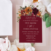 バーガンエレガントディ燃えたオレンジ色の錆びフローラ結婚の アクリル招待状