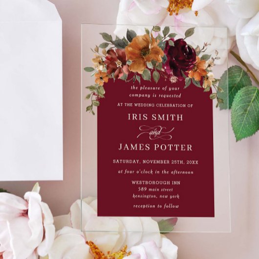 バーガンエレガントディ燃えたオレンジ色の錆びフローラ結婚の アクリル招待状