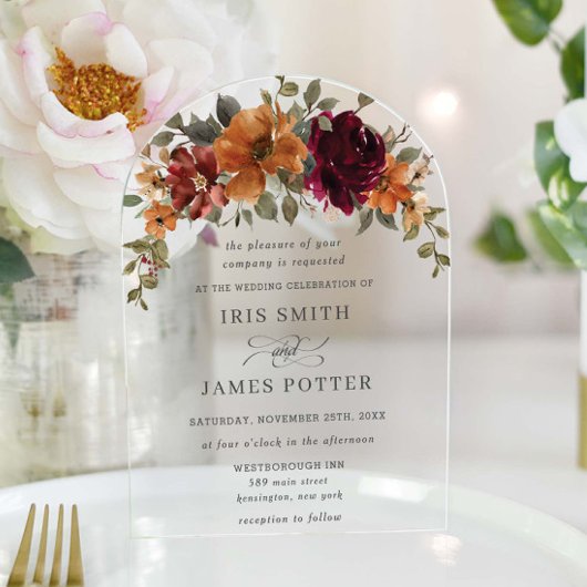 バーガンエレガントディ燃えたオレンジ色の錆びフローラ結婚の アクリル招待状