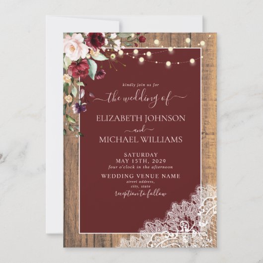 バーガンエレガントディ赤面ウッドレースフォト結婚ズ 招待状 (正面)