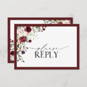 バーガンエレガントディ赤面フローラ水彩RSVP 出欠カード (正面/裏面)