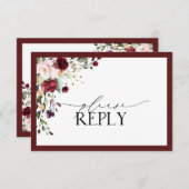 バーガンエレガントディ赤面フローラ水彩RSVP 出欠カード (正面/裏面)