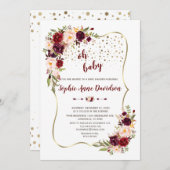 バーガンエレガントディ赤面フローラ金ゴールドベビーシャワー 招待状 (正面/裏面)