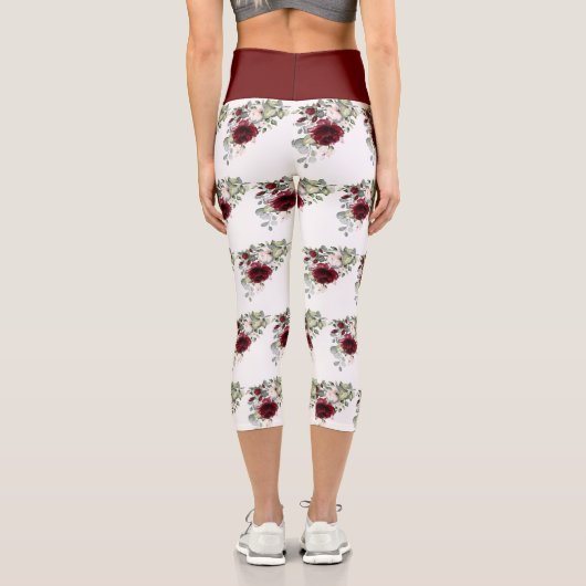 バーガンエレガントディ赤面水彩フラワーパターン カプリレギンス (裏面)
