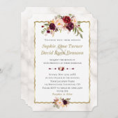 バーガンエレガントディ赤面花金ゴールドマーブル結婚ズ 招待状 (正面/裏面)