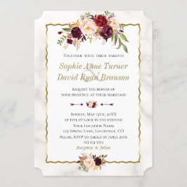 バーガンエレガントディ赤面花金ゴールドマーブル結婚ズ 招待状