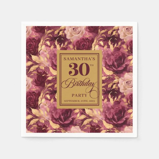 バーガンエレガントディ赤面金ゴールド30th誕生日ナプキンス スタンダードカクテルナプキン (正面)
