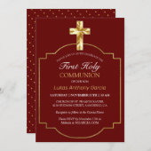 バーガンエレガントディ金ゴールドクロス第一聖餐式 招待状 (正面/裏面)