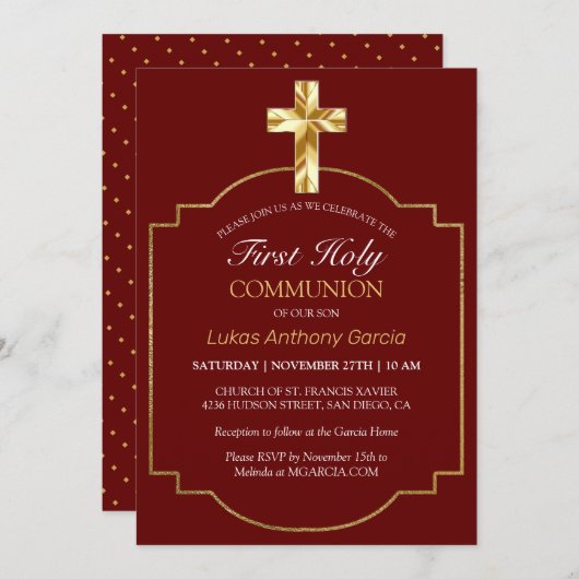 バーガンエレガントディ金ゴールドクロス第一聖餐式 招待状 (正面/裏面)