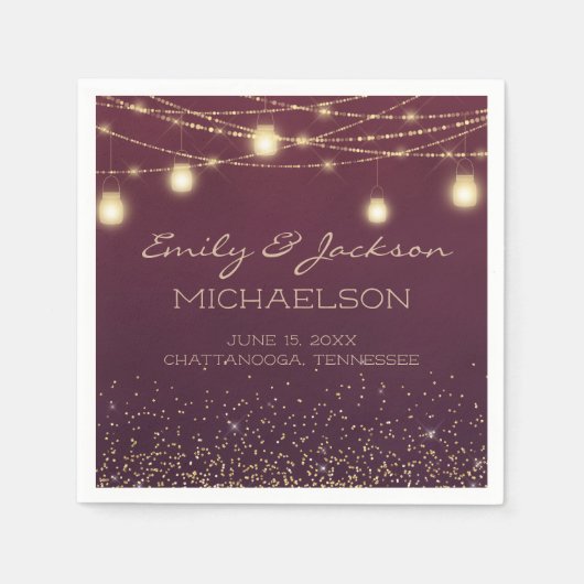 バーガンエレガントディ金ゴールドストリングライトランタン スタンダードカクテルナプキン (正面)