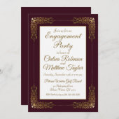 バーガンエレガントディ金ゴールドレースフレーム婚約パーティ 招待状 (正面/裏面)