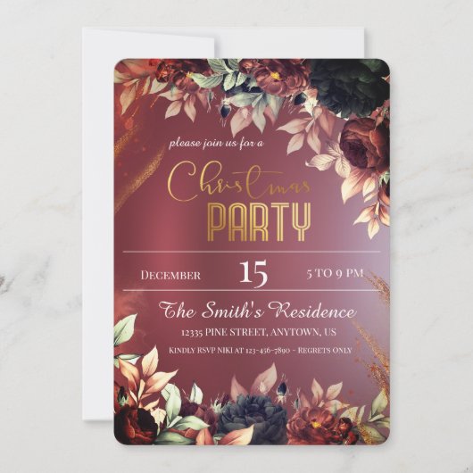 バーガンエレガントドの花、魔法のクリスマスラインダー 招待状 (正面)