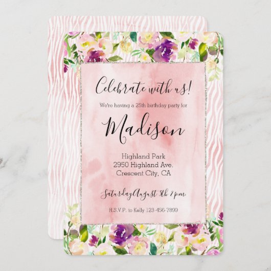 バーガンガーリーディピンクウォーター色フローラアニマルプリント 招待状 (正面/裏面)