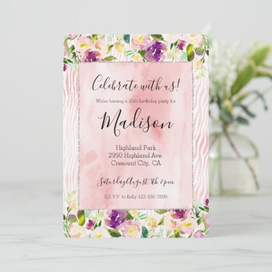 バーガンガーリーディピンクウォーター色フローラアニマルプリント 招待状 (スタンド正面)