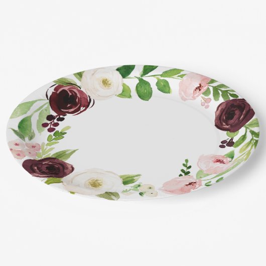 バーガンディおよびばら色の水彩画のベビーシャワーのプレート ペーパープレート (アングル)