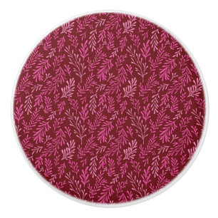 バーガンディおよびピンクの花の熱帯葉パターン セラミックノブ