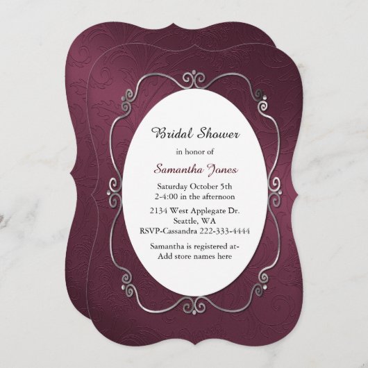 バーガンディおよび銀のブライダルシャワーの招待状 招待状 (正面/裏面)